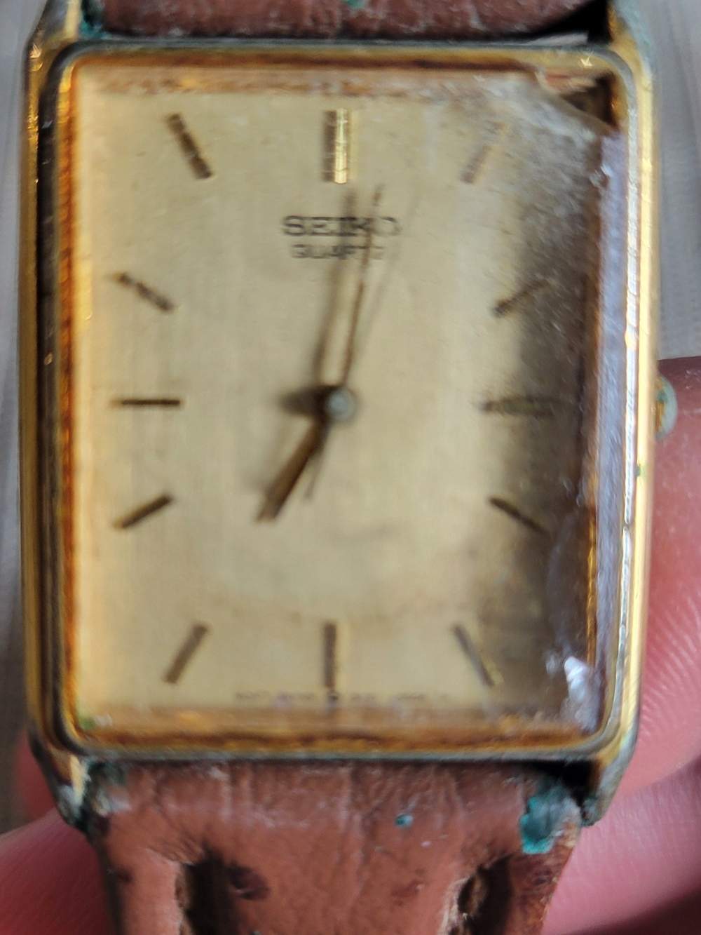 Seiko Gold-Tone Rectangular Watch with Brown Leather Strap